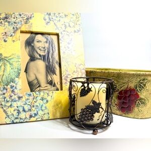 Grape Tuscan Vineyard Decor Set Picture Frame Candle Holder and Planter